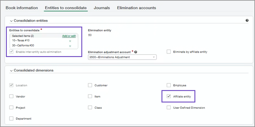 The subset consolidation book with the affiliate entity consolidated dimension selected.