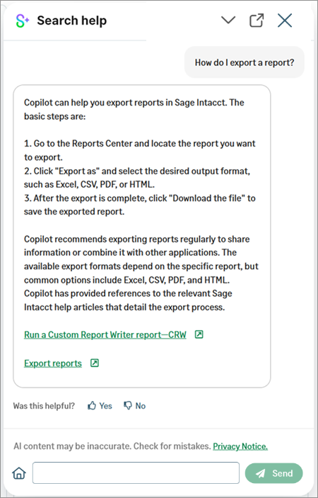 The Copilot panel under Search help.