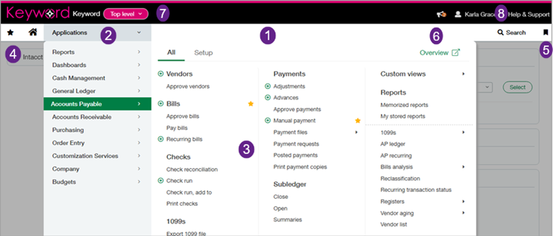 Application menu with navigation features defined.