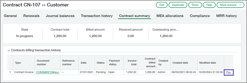 Contract summary tab of a contract with a Pay link displayed in the Contracts billing transaction history section