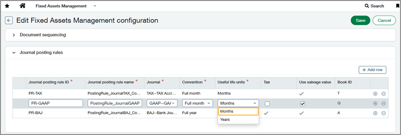 Journal posting rules table in Fixed Assets Management configuration.