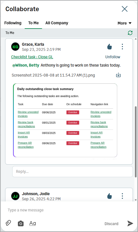 Collaborate panel showing a message with a shared insight.