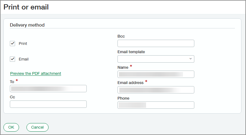 Print or email page, showing the 2 available delivery methods, Print, or Email