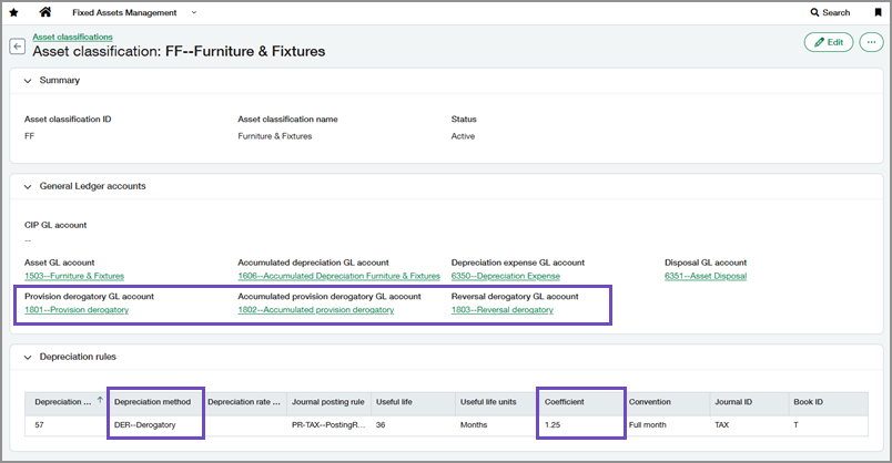 An asset classification with derogatory GL accounts and depreciation method.